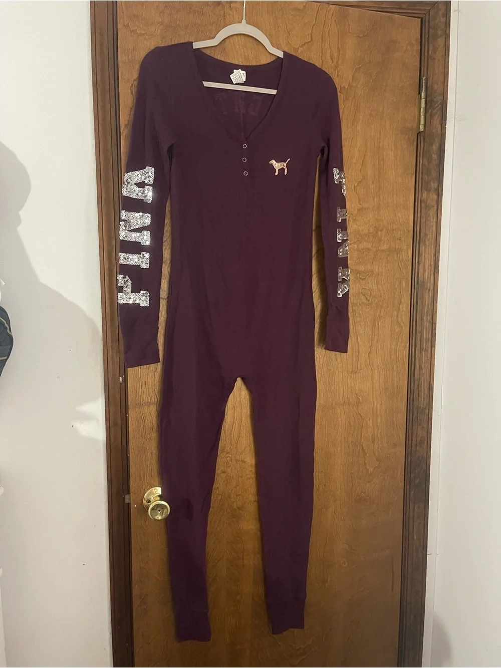 PINK Victoria’s Secret One Piece Thermal Pajama Burgundy Bling Logo Size S